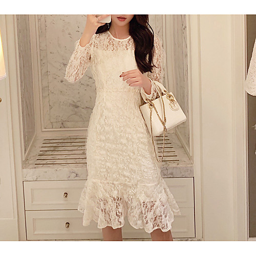 

Sheath / Column Elegant Floral Wedding Guest Cocktail Party Dress Illusion Neck Long Sleeve Knee Length Lace with Lace Insert 2021