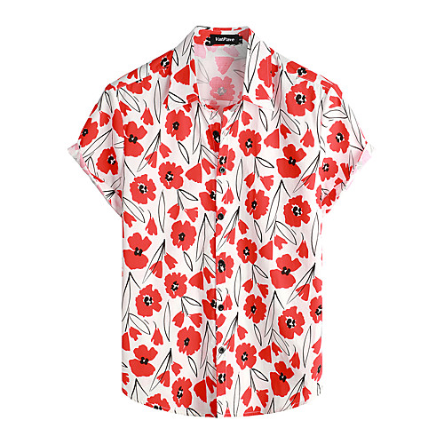 

Men's Shirt Floral Short Sleeve Daily Tops 100% Cotton Basic Boho Classic Collar Red / White / Beach