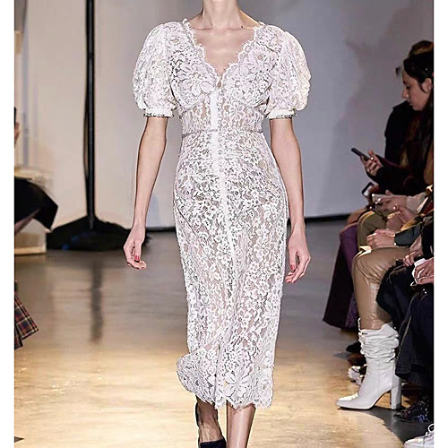 

A-Line Cut Out Vintage Wedding Guest Formal Evening Dress V Neck Short Sleeve Ankle Length Lace with Buttons Crystals 2021