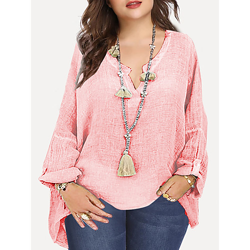 

Women's Plus Size Tops Blouse Plain Long Sleeve V Neck Basic Blushing Pink Green Big Size L XL 2XL 3XL / Cotton / Cotton