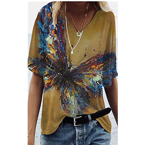 

Women's T shirt Butterfly Print V Neck Tops Basic Basic Top Brown