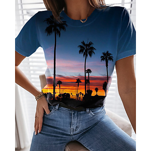 

Women's Holiday 3D Printed Painting T shirt Graphic Scenery 3D Print Round Neck Basic Tops Royal Blue