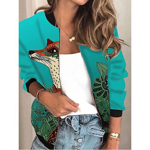 

Women's Jacket Daily Spring & Fall Regular Coat Regular Fit Active Streetwear Jacket Long Sleeve Animal Patterned Print Blue / Holiday