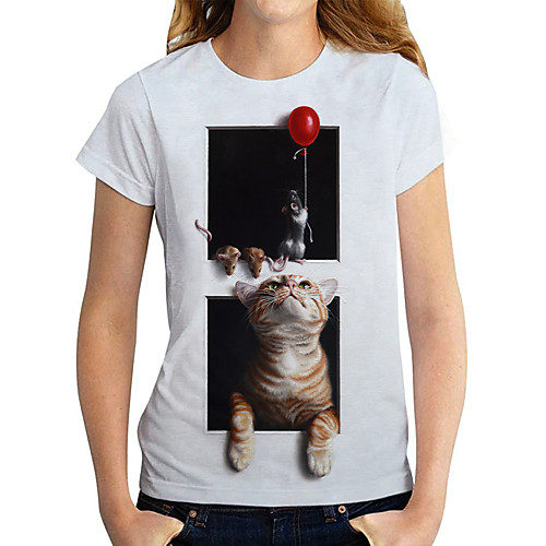 

Women's Going out 3D Cat T shirt Cat Graphic 3D Print Round Neck Basic Tops White