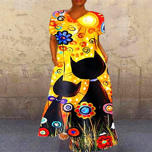 

Women's Swing Dress Midi Dress Blue Yellow Short Sleeve Print Patchwork Print Fall V Neck Casual Loose 2021 S M L XL XXL 3XL 4XL 5XL / Plus Size / Plus Size