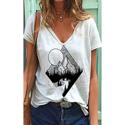 

Women's T shirt Scenery Print V Neck Tops Basic Basic Top White