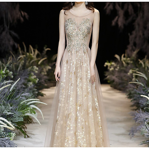 

A-Line Sparkle Floral Prom Formal Evening Dress Illusion Neck Sleeveless Floor Length Tulle with Pleats Embroidery 2021