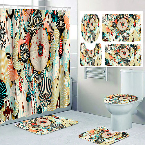 

Creative Comic Pattern Flower Print Bathroom Shower Curtain Leisure Toilet Four-piece Set