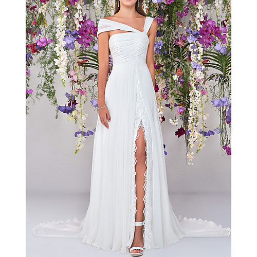

A-Line Wedding Dresses V Neck Floor Length Chiffon Lace Sleeveless Simple Beach with Ruched Split Front 2021