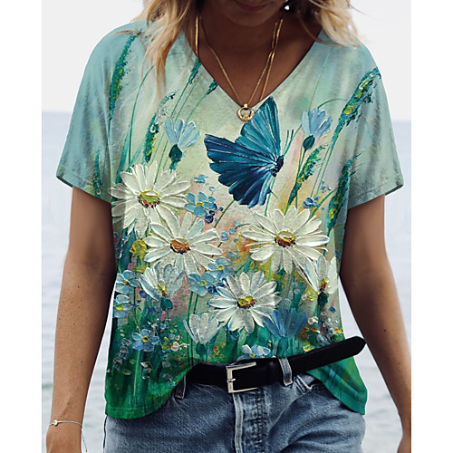 

Women's Floral Theme Butterfly Painting T shirt Floral Graphic Butterfly Print V Neck Basic Tops Green