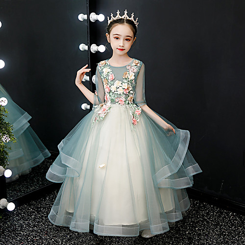 

Princess Floor Length Flower Girl Dresses Formal Evening Tulle Half Sleeve Jewel Neck with Beading