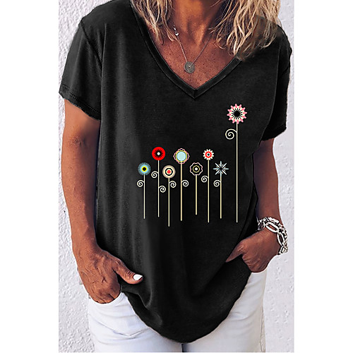 

Women's Floral Theme T shirt Floral Graphic Print V Neck Basic Tops Black Green Gray