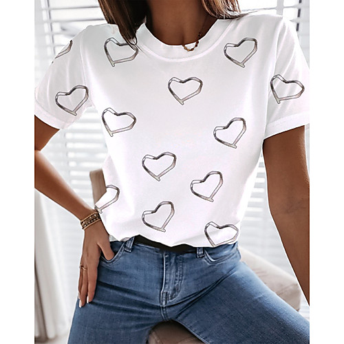 

Women's Going out Painting T shirt Graphic Heart Print Round Neck Basic Tops White Blue Gray