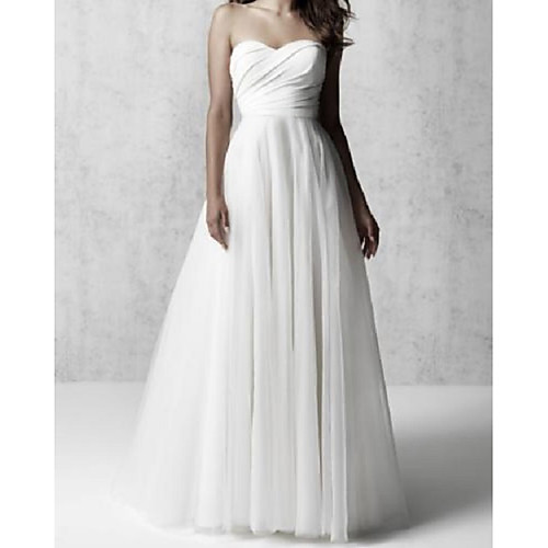 

A-Line Wedding Dresses Strapless Floor Length Lace Tulle Sleeveless Country Simple with 2021