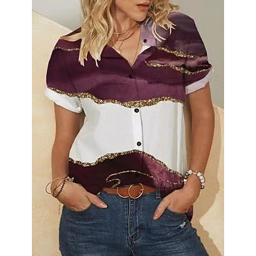 

Women's Blouse Shirt Color Block Print Standing Collar Tops Wine