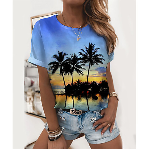 

Women's Holiday 3D Printed Painting T shirt Graphic Scenery 3D Print Round Neck Basic Beach Tops White Blue Light Blue