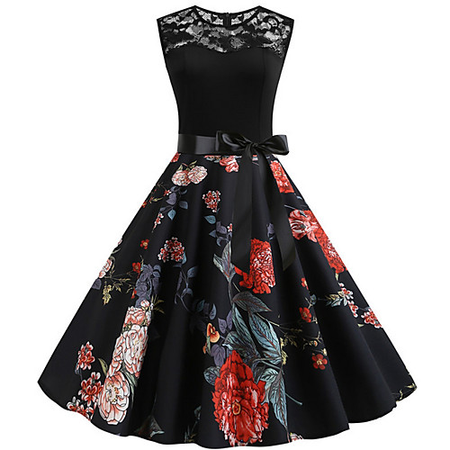 

Women's A Line Dress Midi Dress Black Sleeveless Floral Summer Round Neck Elegant 2021 S M L XL XXL