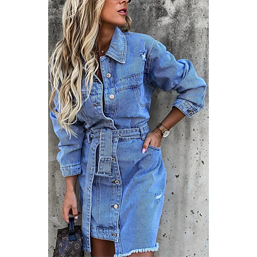 

Women's Denim Dress Knee Length Dress Blue Long Sleeve Solid Color Patchwork Summer Shirt Collar Casual 2021 S M L XL XXL