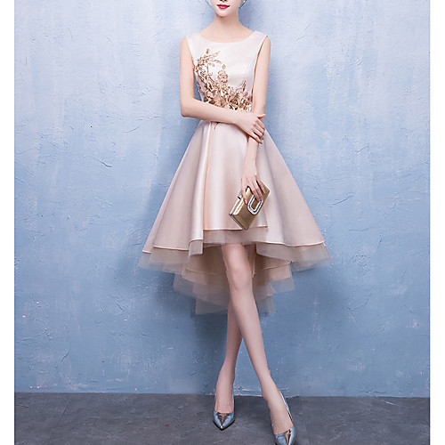 

A-Line Jewel Neck Tea Length Satin / Tulle Bridesmaid Dress with Appliques / High Low