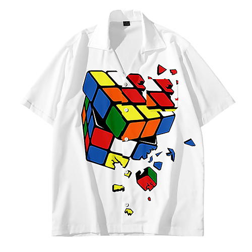 

Shirt Men's Rubik's Cube 3D Print Button-Down 3D Print Casual Short Sleeve Tops Casual Fashion Breathable Comfortable White