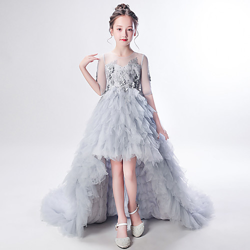 

Princess Sweep / Brush Train Flower Girl Dresses Event / Party Tulle Half Sleeve Jewel Neck with Beading