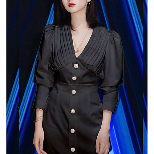 

Two Piece Little Black Dress Minimalist Homecoming Cocktail Party Dress V Neck 3/4 Length Sleeve Short / Mini Spandex with Buttons 2021