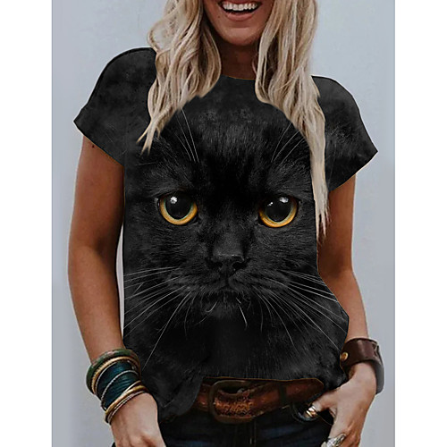 

Women's 3D Cat T shirt Cat Graphic 3D Print Round Neck Basic Tops Black