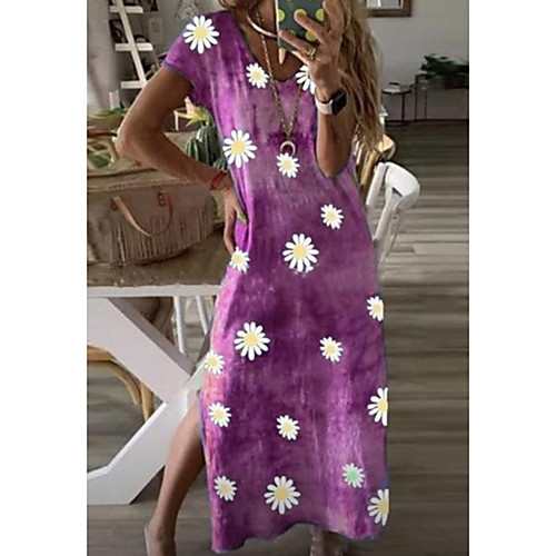 

Women's Shift Dress Maxi long Dress Purple Yellow Black Red Short Sleeve Floral Print Summer Round Neck Casual Loose 2021 S M L XL XXL 3XL