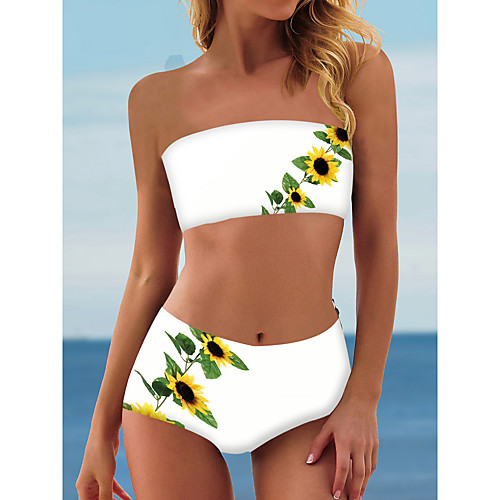 

Women's Bikini 2 Piece Swimsuit Print Floral Color Block Yellow White Beige Swimwear Bandeau Strapless Bathing Suits New Vacation Fashion / Padless / Slim