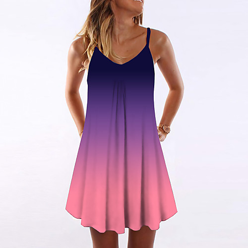 

Women's Strap Dress Short Mini Dress Blue Purple Black Sleeveless Color Gradient Print Summer V Neck cold shoulder Casual Holiday Loose 3D Print S M L XL XXL