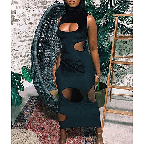

Women's Sheath Dress Midi Dress Yellow Black Rose Red Sleeveless Solid Color Split Hollow To Waist Summer cold shoulder Casual Sexy 2021 S M L