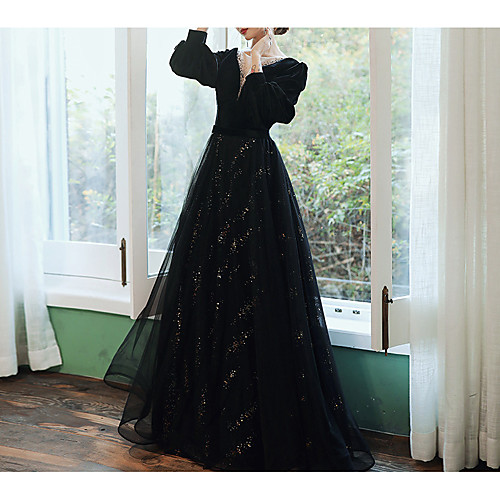 

A-Line Jewel Neck Floor Length Tulle / Velvet Bridesmaid Dress with Sequin / Bandage