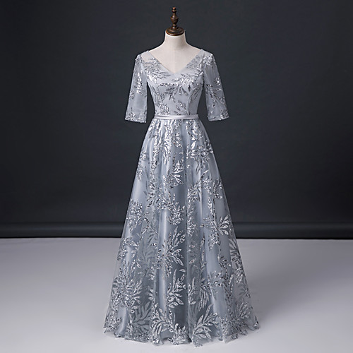 

A-Line V Neck Floor Length Lace / Tulle Bridesmaid Dress with Appliques