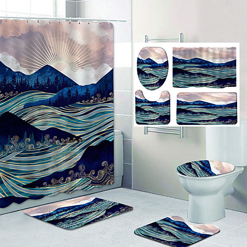

Beautiful Mountains Pattern Printing Bathroom Shower Curtain Leisure Toilet Four-Piece Design