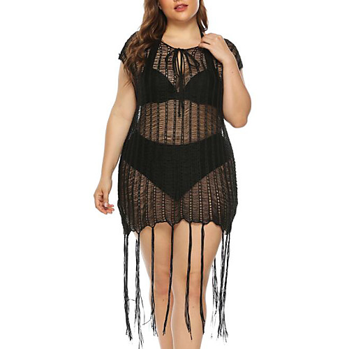 

Women's Swimsuit Cover Up Beach Top Swimsuit Tassel Hole Solid Color Stripe Black Plus Size Swimwear Blouse T shirt High Neck Bathing Suits New Vacation Sexy / Loose