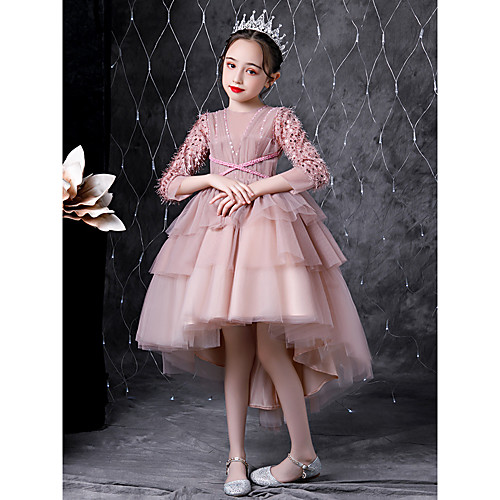 

Princess Asymmetrical Flower Girl Dresses Wedding Tulle 3/4 Length Sleeve Jewel Neck with Tier