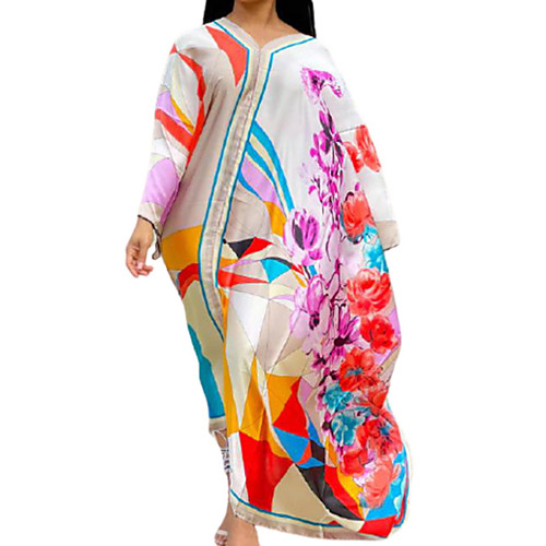 

Women's Kaftan Dress Maxi long Dress Blue White Red Long Sleeve Floral Print Summer V Neck Elegant Loose 2021 S M L XL XXL