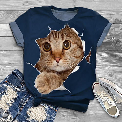 

Women's Plus Size Tops T shirt Cat Graphic Animal Print Short Sleeve Crewneck Blue Big Size XL XXL 3XL 4XL 5XL / Holiday