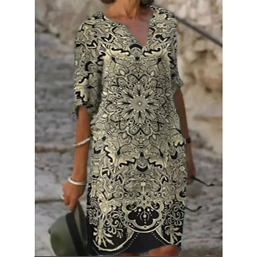 

Women's A Line Dress Knee Length Dress Purple Black 3/4 Length Sleeve Print Print Spring Summer V Neck Work 2021 S M L XL XXL 3XL