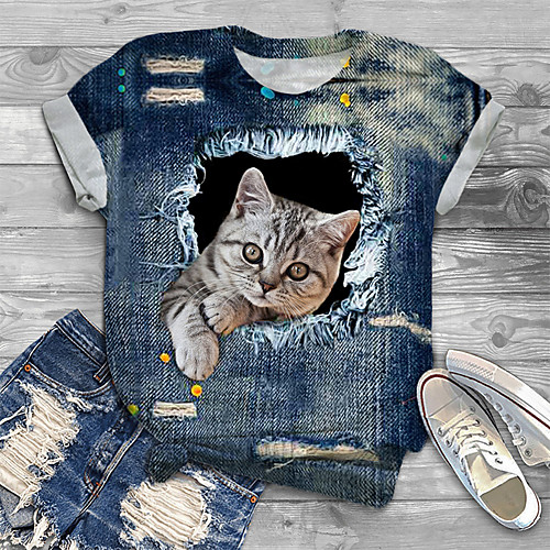 

Women's Plus Size Tops T shirt Cat Graphic Animal Print Short Sleeve Crewneck Blue Big Size XL XXL 3XL 4XL 5XL