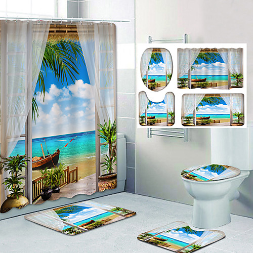 

Bathroom Shower Curtain & Mat Set Modern Polyester Waterproof
