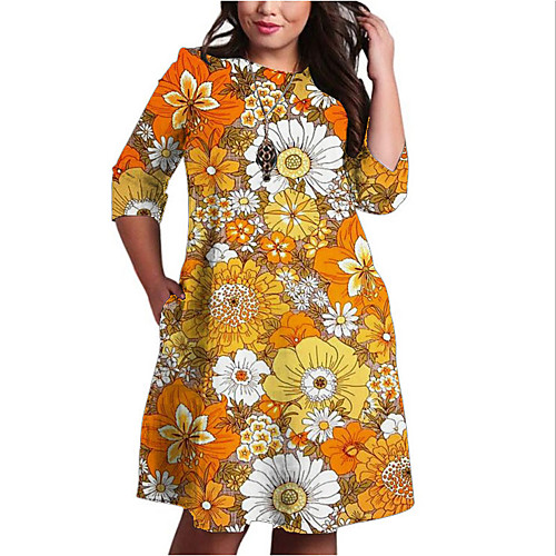 

Women's Plus Size Dress Shift Dress Knee Length Dress 3/4 Length Sleeve Floral Print Color Block Print Casual Fall Spring Summer Red Orange XL XXL 3XL 4XL 5XL