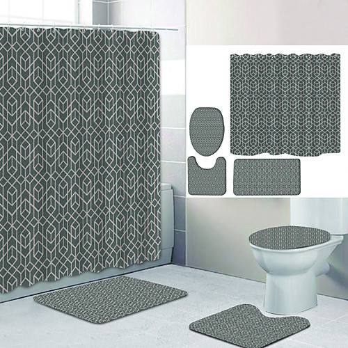 

Simple Series 18 Digital Printing Four-piece Set Shower Curtains and Hooks Modern Polyester Machine Made Waterproof Bathroom