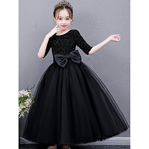 

Princess Floor Length Junior Bridesmaid Dress Wedding Tulle Jewel Neck with Sash / Ribbon