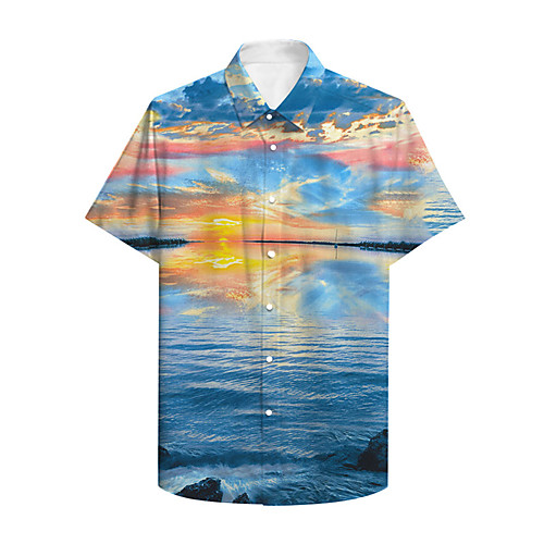 

Men's Shirt 3D Print Graphic 3D Landscape Button-Down 3D Print Short Sleeve Casual Tops Casual Hawaiian Blue