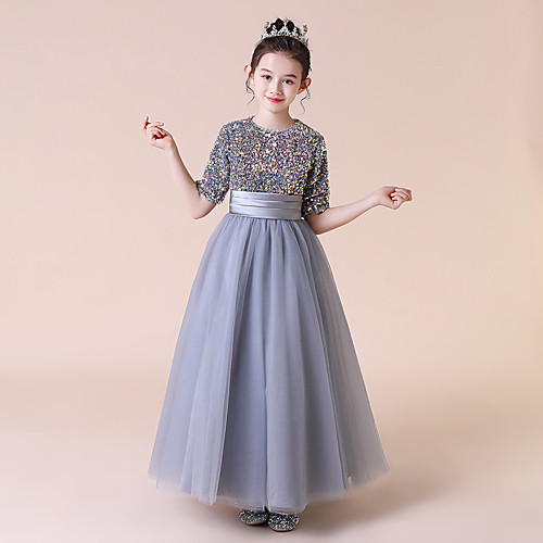 

Princess Floor Length Junior Bridesmaid Dress Party Tulle Half Sleeve Jewel Neck with Bow(s)