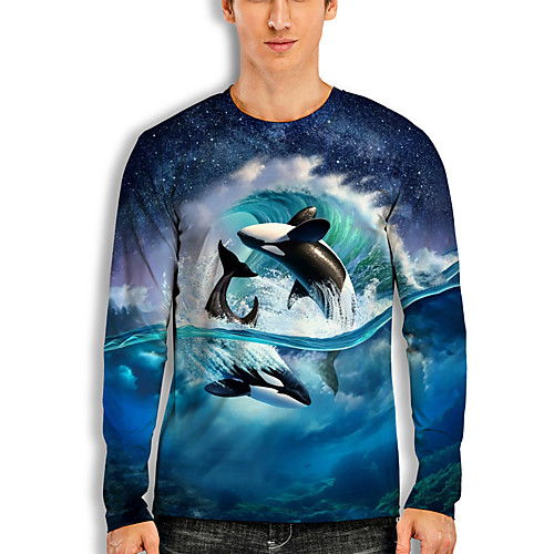 

Men's T shirt 3D Print Graphic Prints Fish Animal 3D Print Long Sleeve Daily Tops Basic Casual Hawaiian Blue