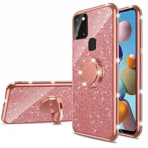 

samsung galaxy a21s case, glitter luxury cute silicone tpu phone case for women girls with kickstand, bling diamond rhinestone bumper ring stand slim case for galaxy a21s (rose gold)