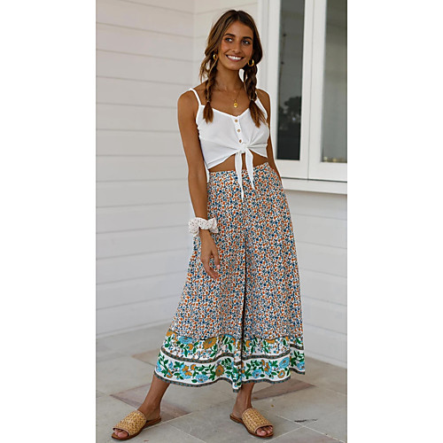 

Women's Chino Boho Comfort Loose Daily Beach Culottes Wide Leg Pants Pattern Ankle-Length Elastic Waist Print Red