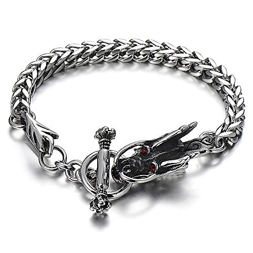 

coolsteelandbeyond gothic biker men stainless steel dragon curb chain bracelet red cubic zirconia toggle clasp